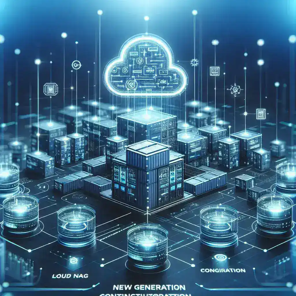 "Ilustrasi platform orkestrasi container generasi terbaru untuk manajemen aplikasi modern, menunjukkan infrastruktur cloud yang efisien dan terintegrasi, dengan diagram prosesor, layanan microservices, dan komponen container yang saling terhubung."
